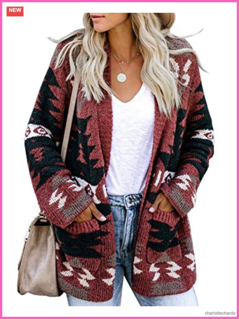 Boho Aztec Open Front Cardigan Long Sleeve Knitted Sweater with Pockets